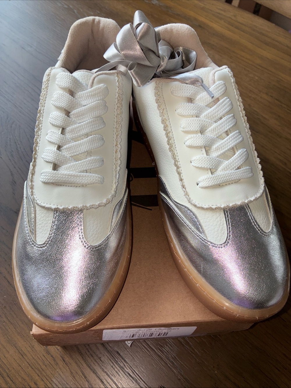 Women's White and Silver Metallic Sneakers